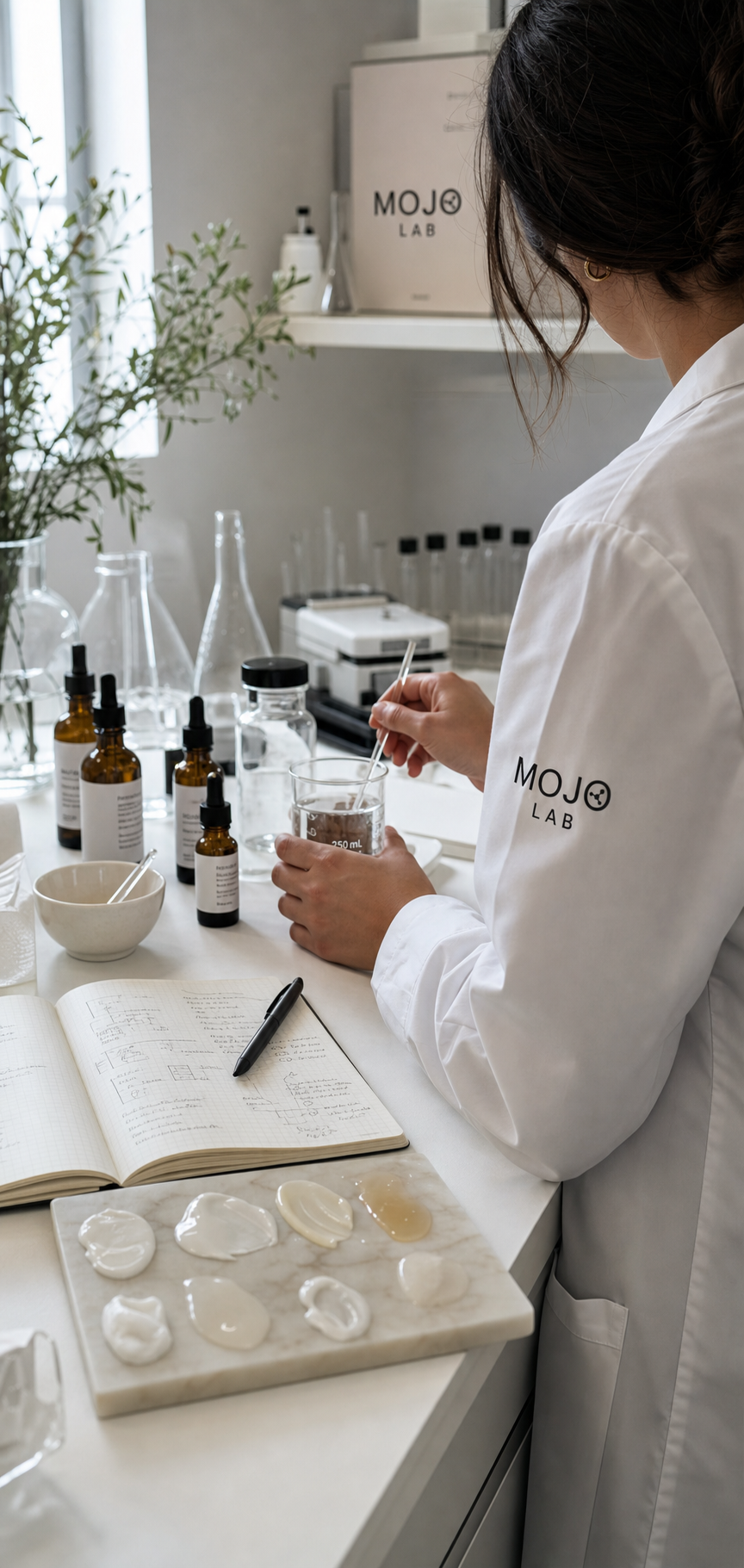 A MOJO LAB scientist in a branded lab coat formulating at a laboratory bench