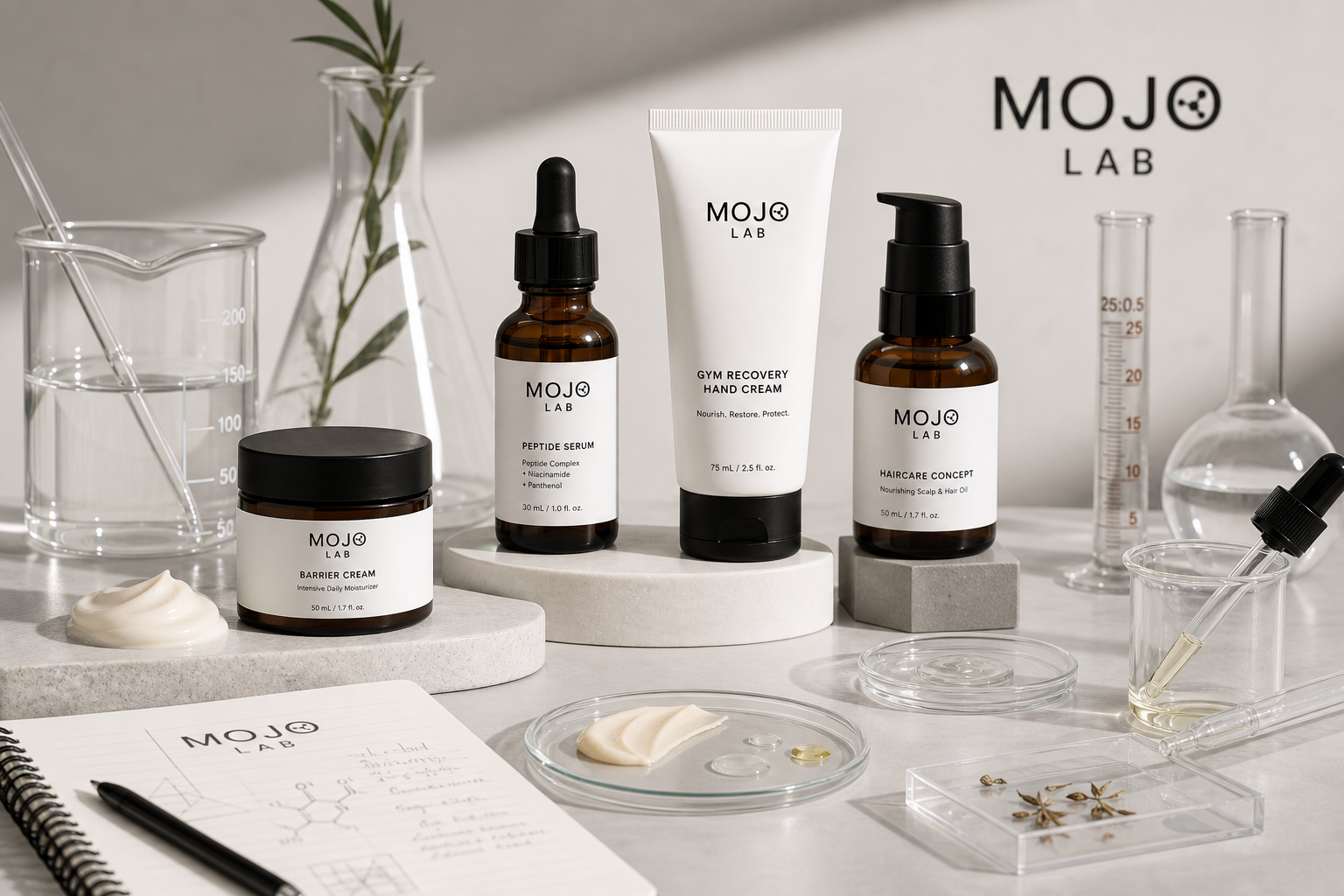 MOJO LAB product concepts including hand cream, peptide serum, barrier cream, and haircare concept in a laboratory setting